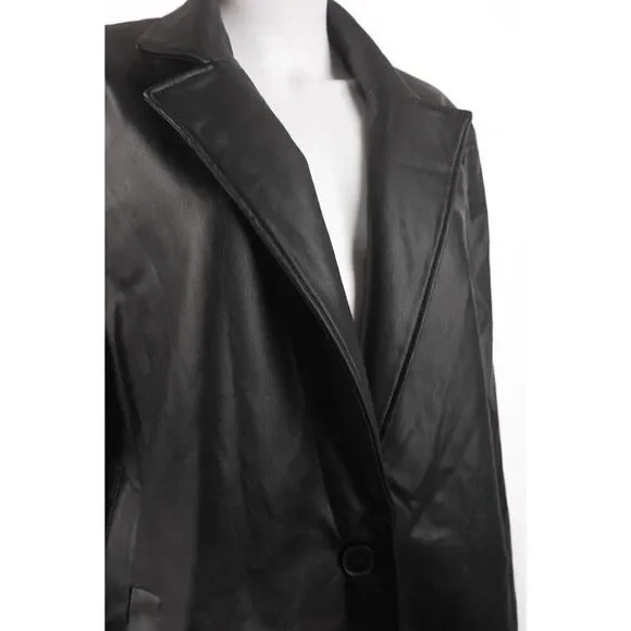 Zara Womens Black Faux Leather Trench Coat Jacket Long XL 4661/816 No belt NWT